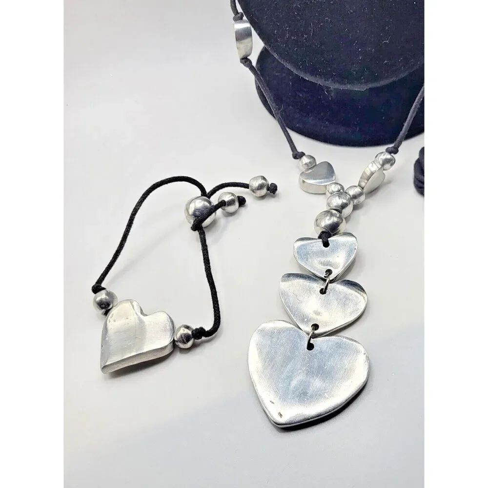 Demi Parure Bracelet and Necklace Pewter Heart Jewelry Set Bohemian Slide
